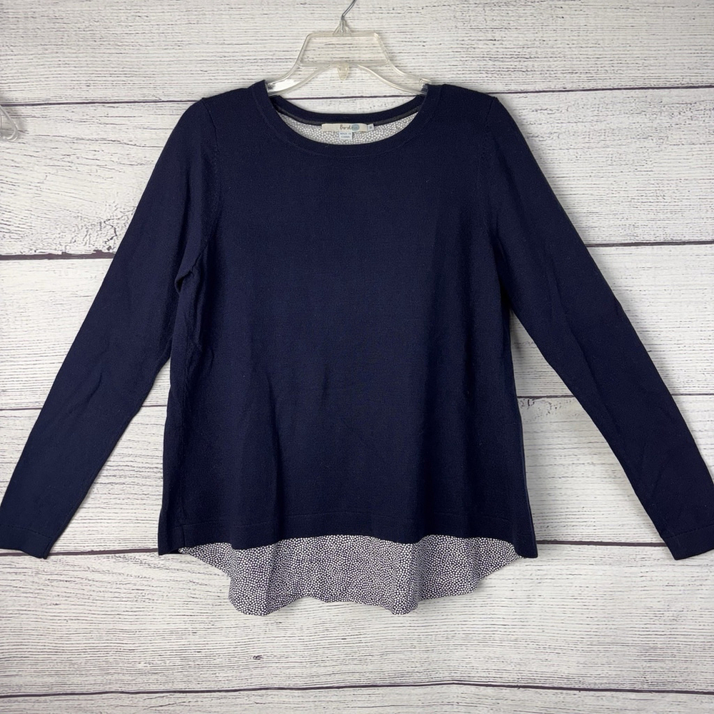 Boden Merino Wool Sweater Size Medium Navy Blue Dot Print Hem Knit Pullover
